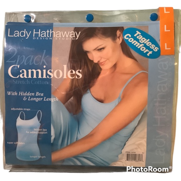 Lady Hathaway 2 pk. Stretch Cotton Camisoles, 1 pink, 1 blue, Large, hidden bra. - Picture 2 of 2
